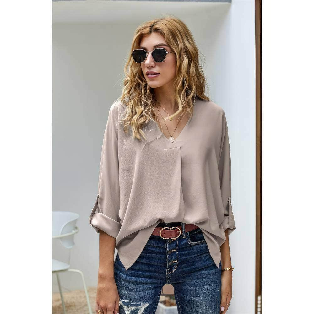 Cuffed Long Sleeves V-Neck Casual Shirt