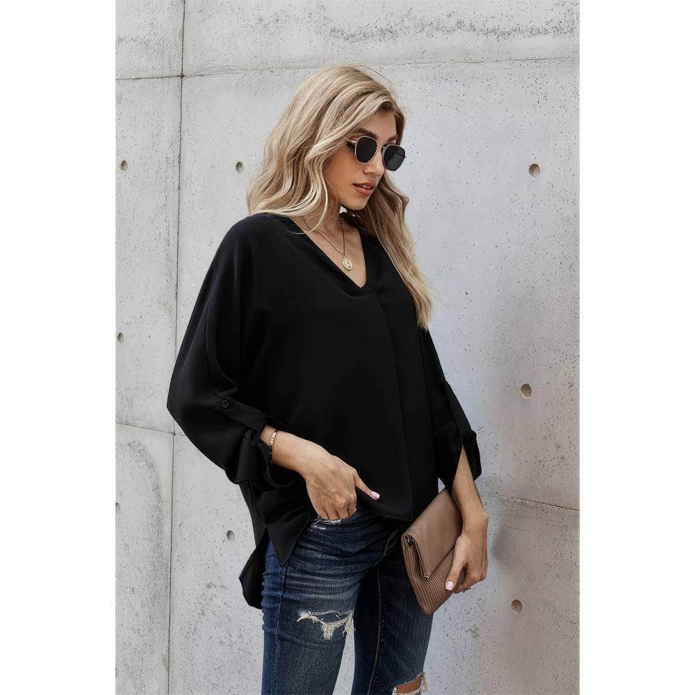 Cuffed Long Sleeves V-Neck Casual Shirt