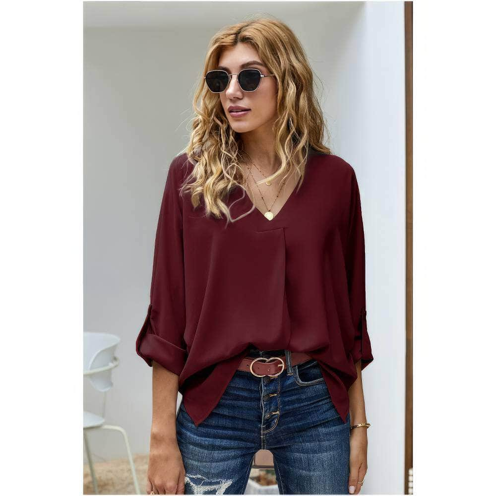 Cuffed Long Sleeves V-Neck Casual Shirt