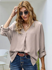 Cuffed Long Sleeves V-Neck Casual Shirt US 8-10 / AntiqueWhite