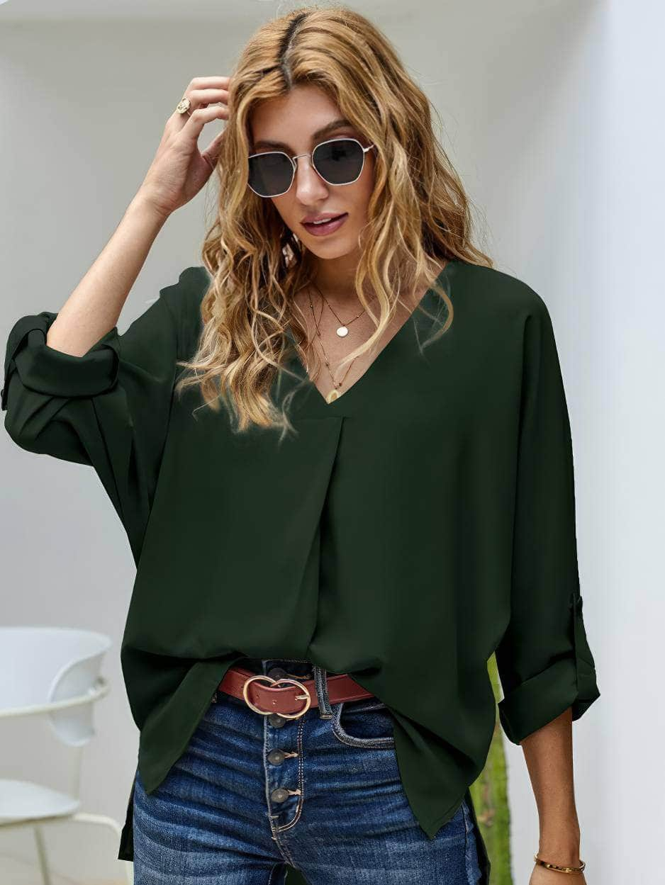 Cuffed Long Sleeves V-Neck Casual Shirt US 8-10 / Green