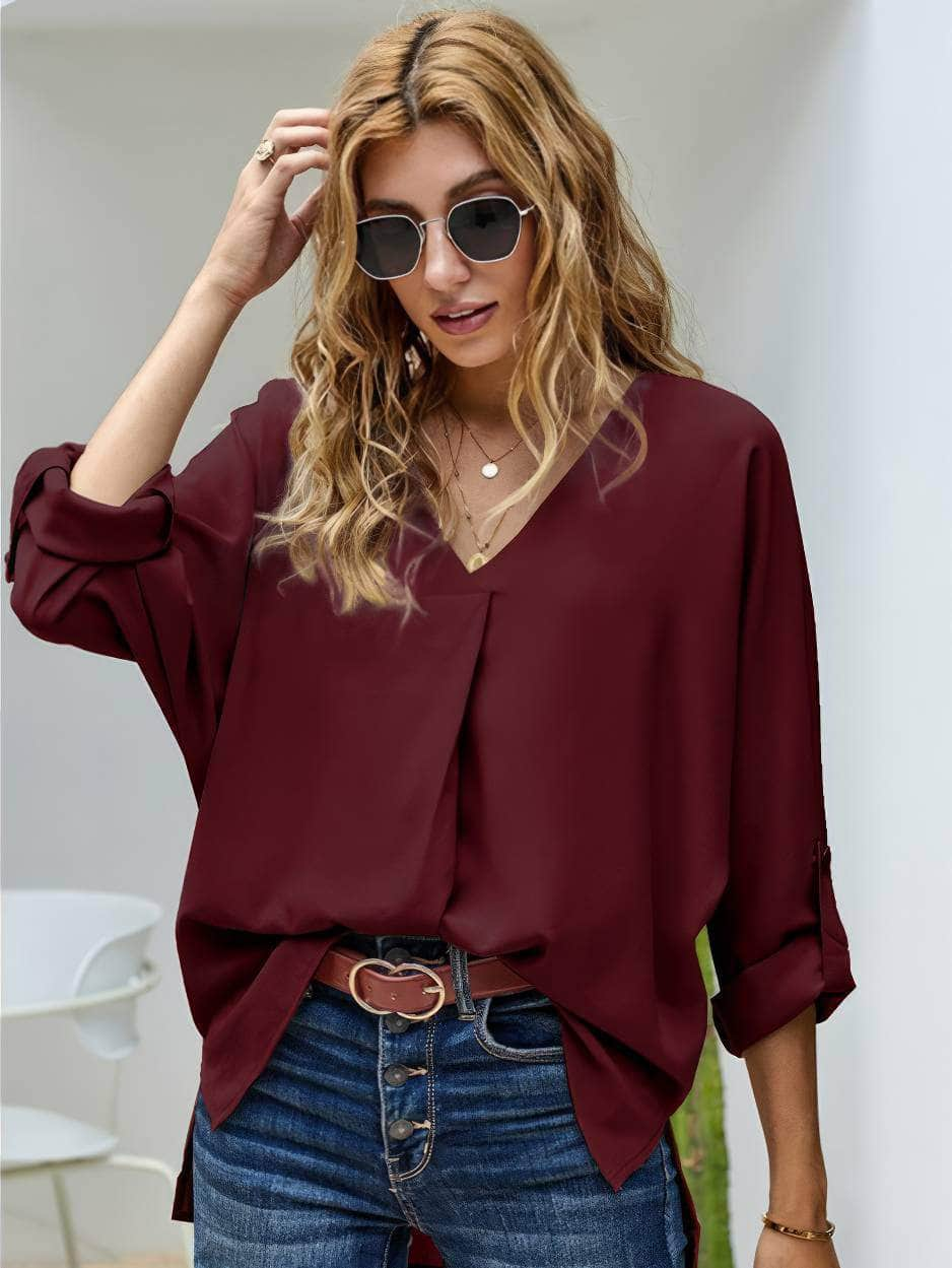 Cuffed Long Sleeves V-Neck Casual Shirt US 8-10 / Maroon