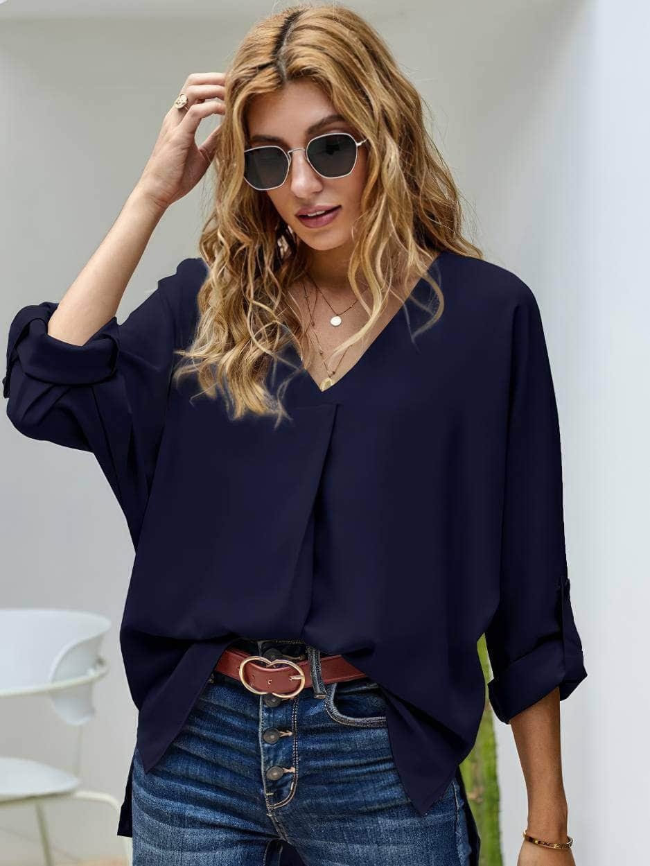 Cuffed Long Sleeves V-Neck Casual Shirt US 8-10 / Navy