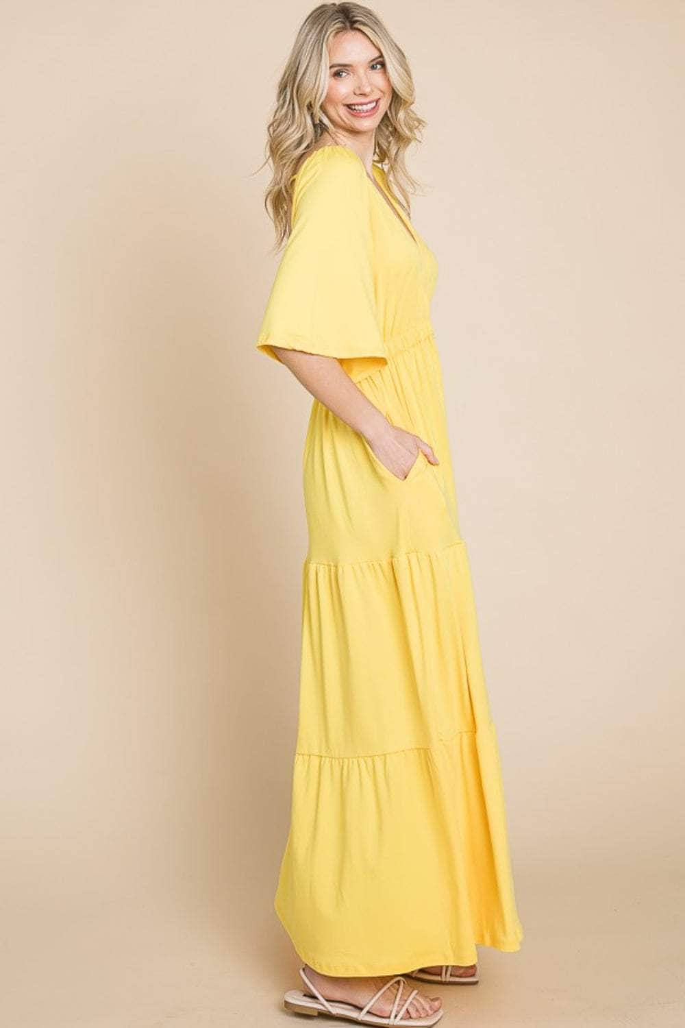 Culture Code Backless Plunge Half Sleeve Tiered Dress