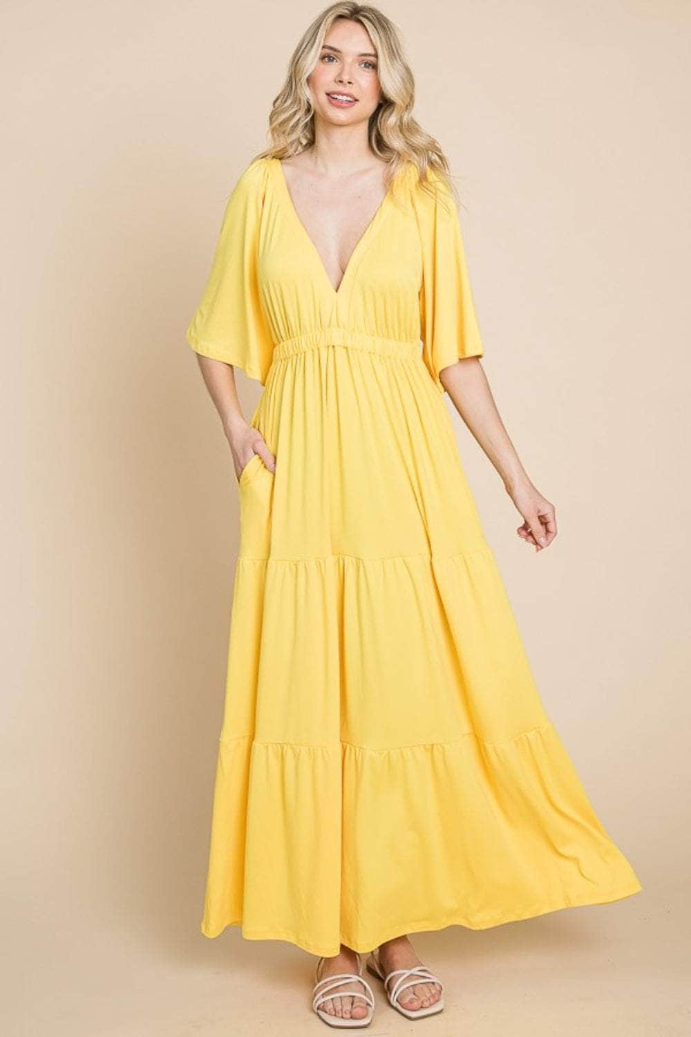 Culture Code Backless Plunge Half Sleeve Tiered Dress LEMONADE / S