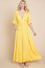 Culture Code Backless Plunge Half Sleeve Tiered Dress LEMONADE / S