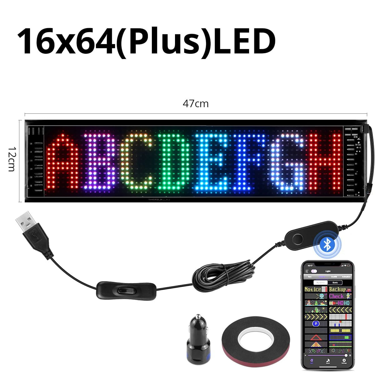Custom Bluetooth LED Sign: Programmable Text & Animation Display 16x64 LEDs 12x47 CM