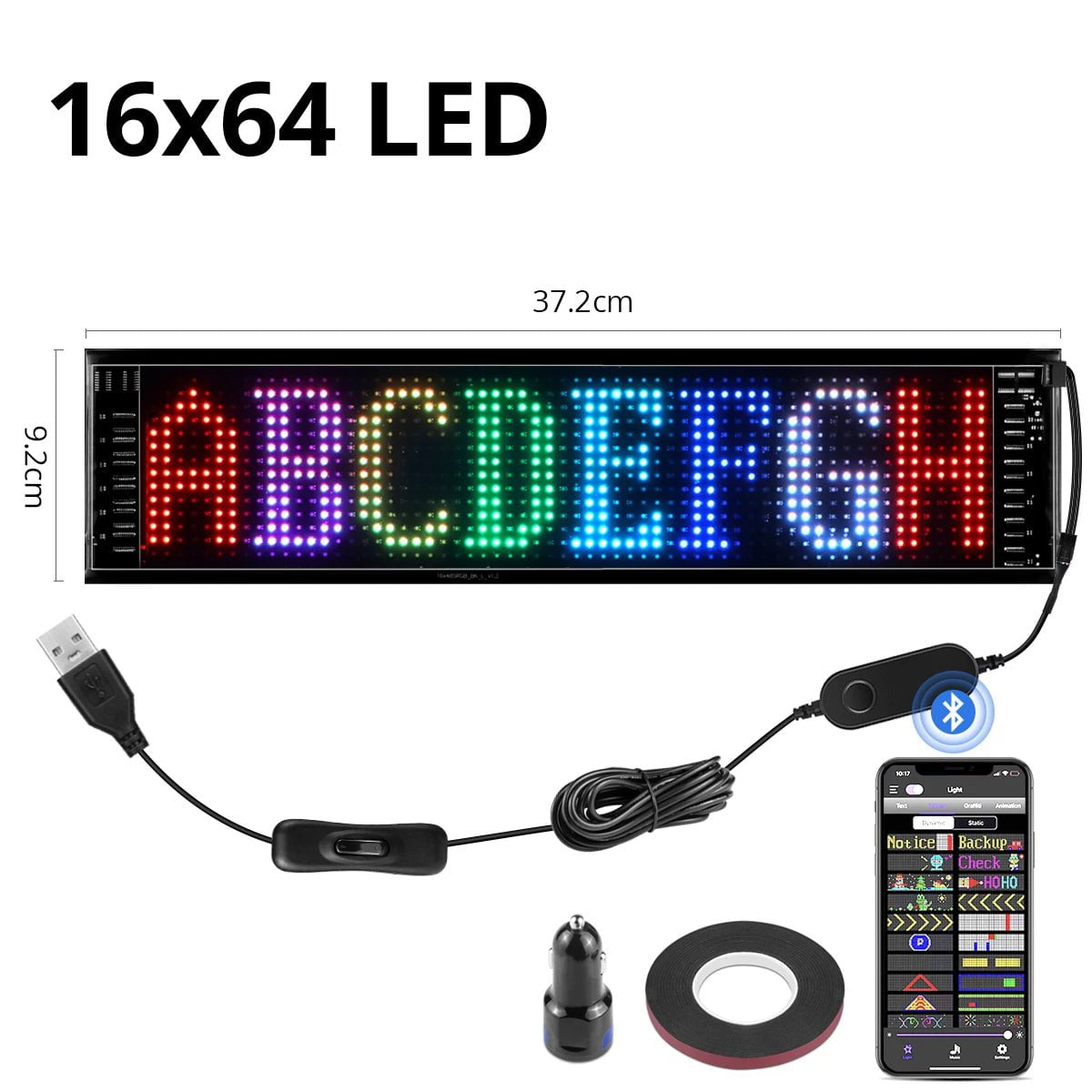 Custom Bluetooth LED Sign: Programmable Text & Animation Display 16x64 LEDs 9x37 CM