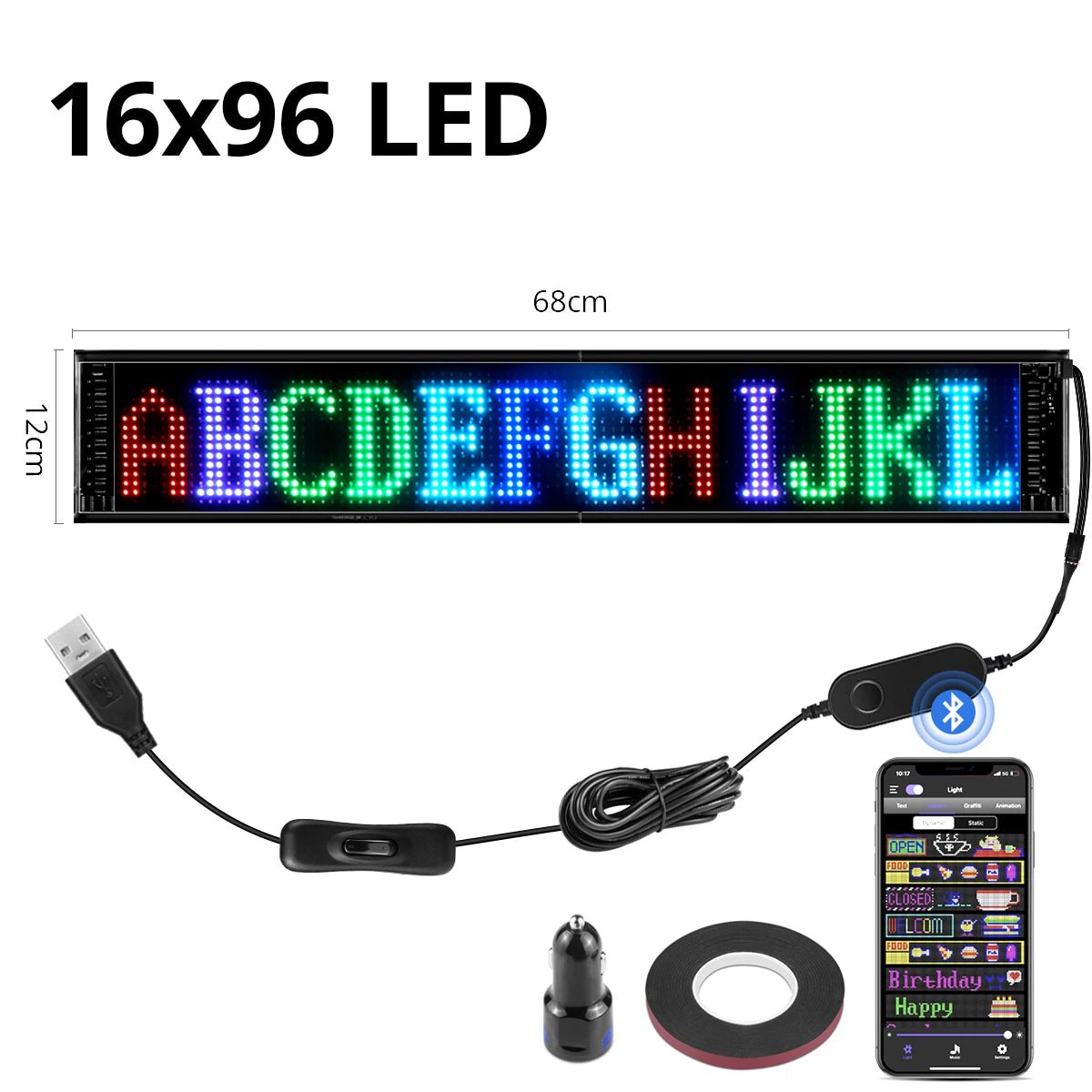 Custom Bluetooth LED Sign: Programmable Text & Animation Display 16x96 LEDs 12x68 CM