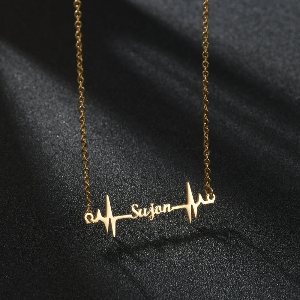 Custom Heartbeat Name Necklace - Stainless Steel Birth Date Pendants with Personalized Letter heartbeat 2 / silver color / 35cm