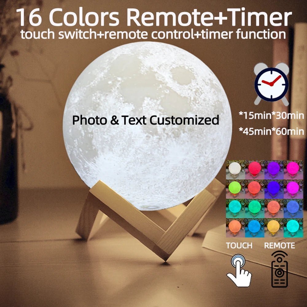Customized 3D Printing Moon Lamp - Personalized with Photo and Text, USB Rechargeable Night Light, Ideal for Birthday, Mother's Day, Lunar Christmas Gift 8CM / 16 Colors Timer