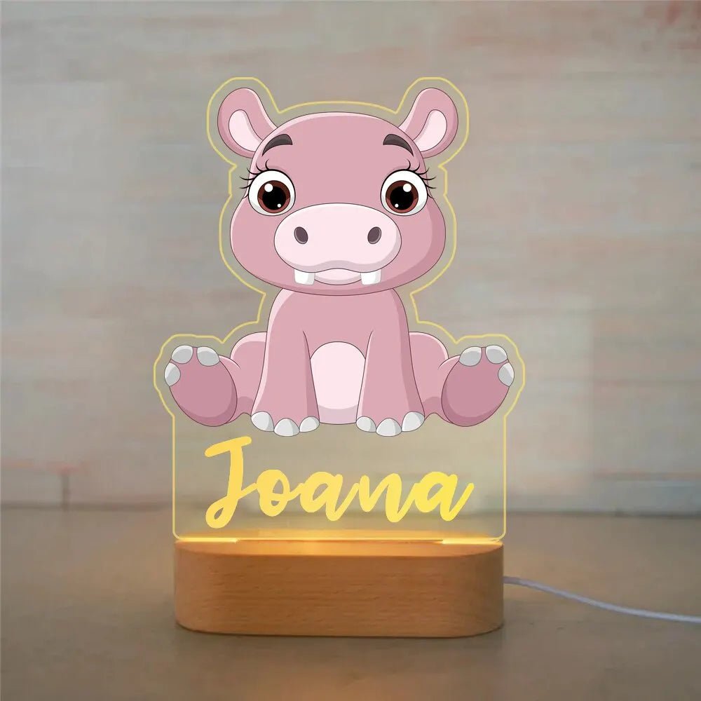 Customized Animal-themed Night Light for Kids - Personalized with Child's Name, Acrylic Lamp for Bedroom Decor Warm Light / 33 Hippo