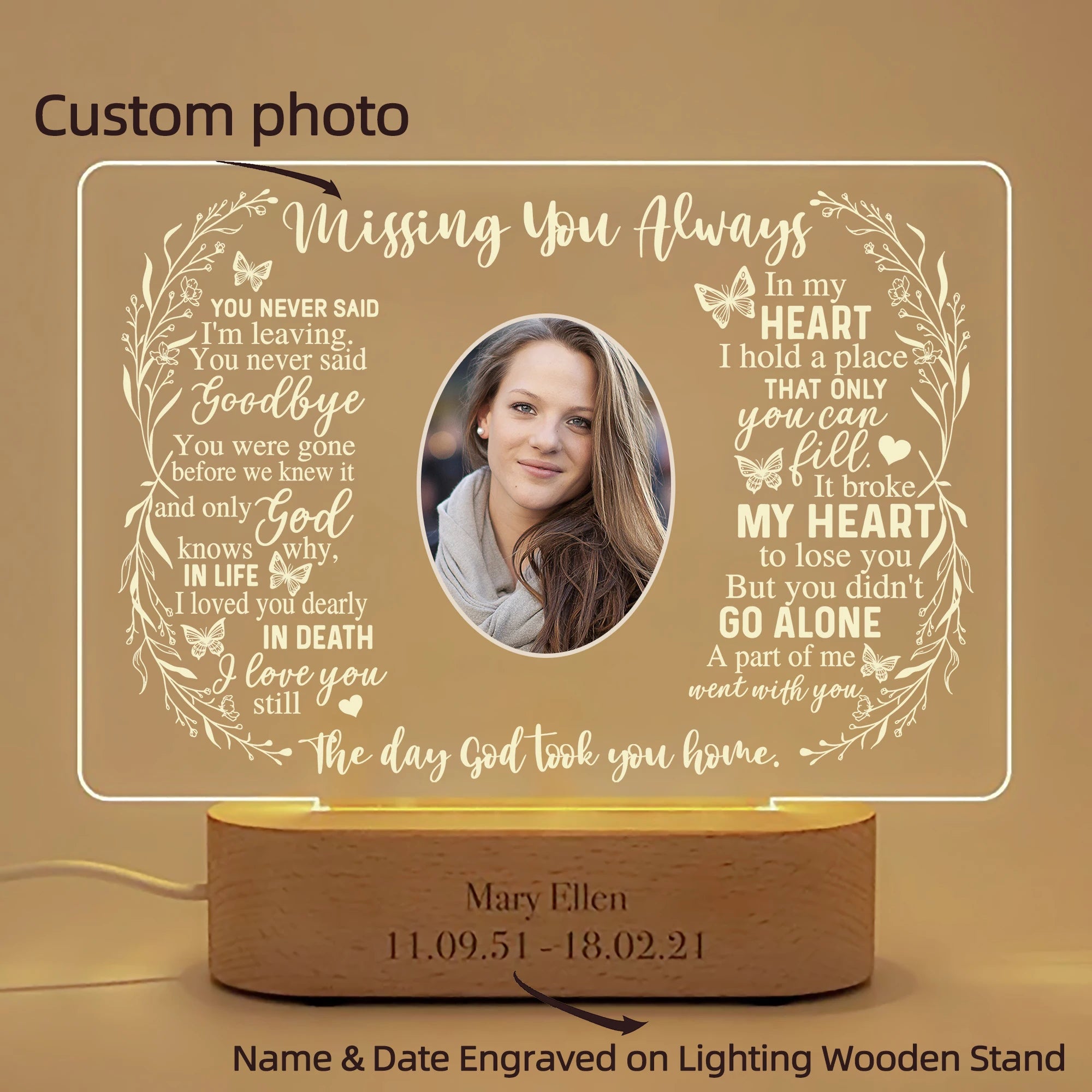 Customized Sympathy Gift - Unique In Memory of Loved Ones Light-Up Picture Frames with Personalized Photo and Text on Memorial Plaque Lamp Warm Light / Style 1