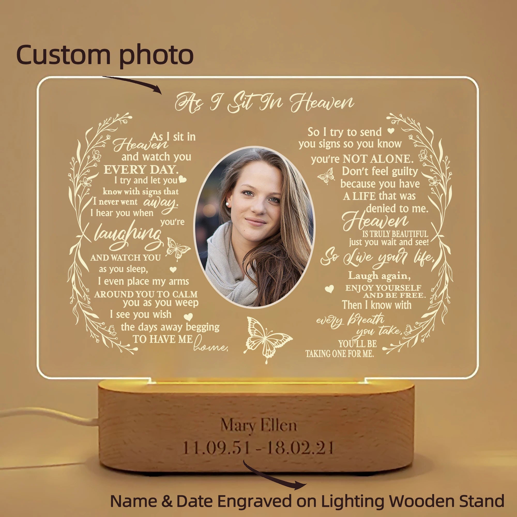 Customized Sympathy Gift - Unique In Memory of Loved Ones Light-Up Picture Frames with Personalized Photo and Text on Memorial Plaque Lamp Warm Light / Style 3