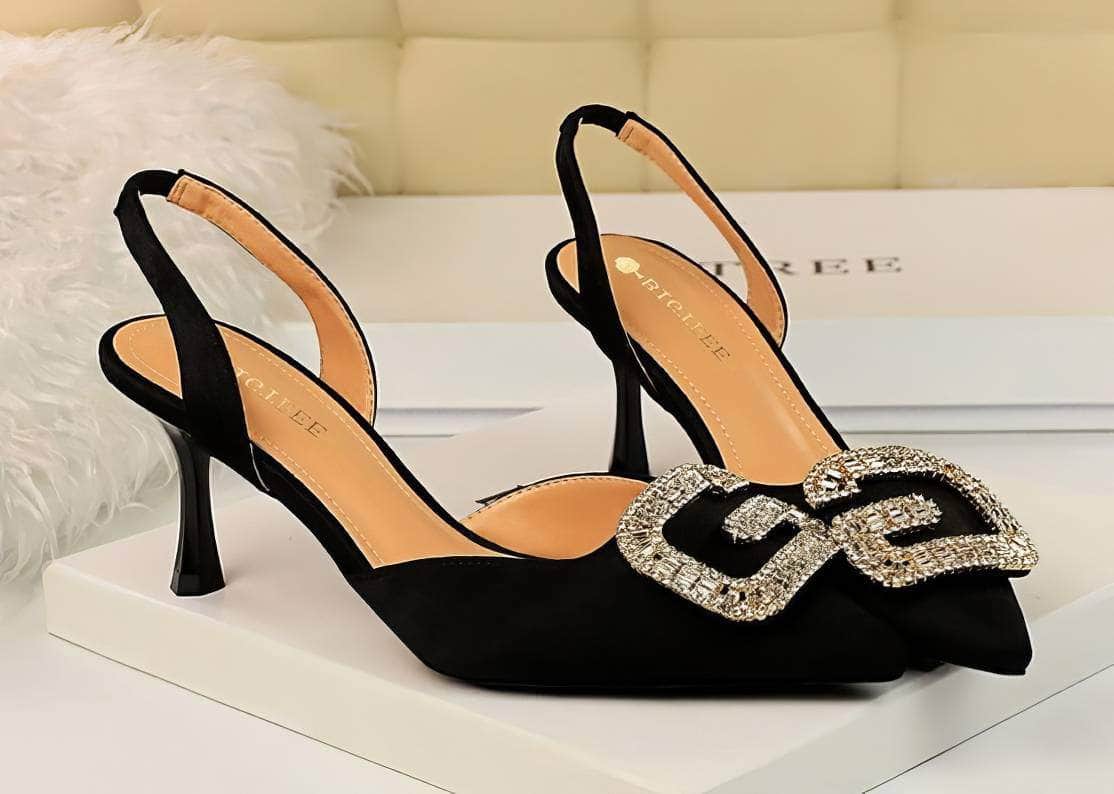 Cut Out Detailed Rhinestone Court Sandals