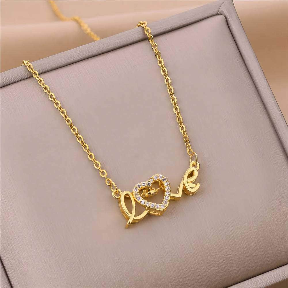 Cute Gold Color Love Letter Crystal Heart Pendant Necklace - Romantic Wedding Party Jewelry for Women 8015 love