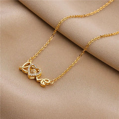 Cute Gold Color Love Letter Crystal Heart Pendant Necklace - Romantic Wedding Party Jewelry for Women 8015 love