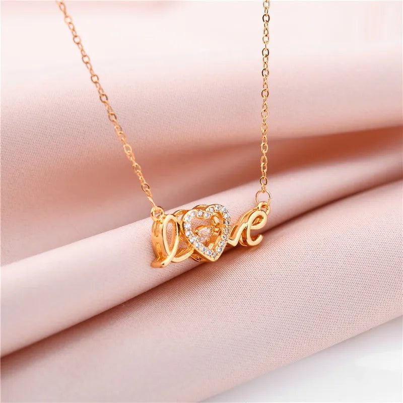 Cute Gold Color Love Letter Crystal Heart Pendant Necklace - Romantic Wedding Party Jewelry for Women 8015 love