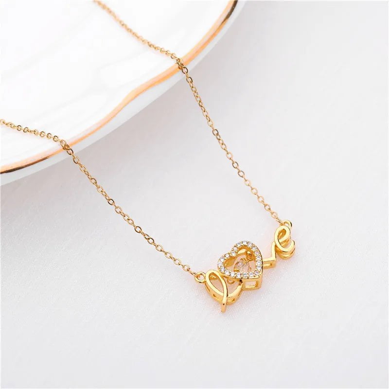 Cute Gold Color Love Letter Crystal Heart Pendant Necklace - Romantic Wedding Party Jewelry for Women 8015 love