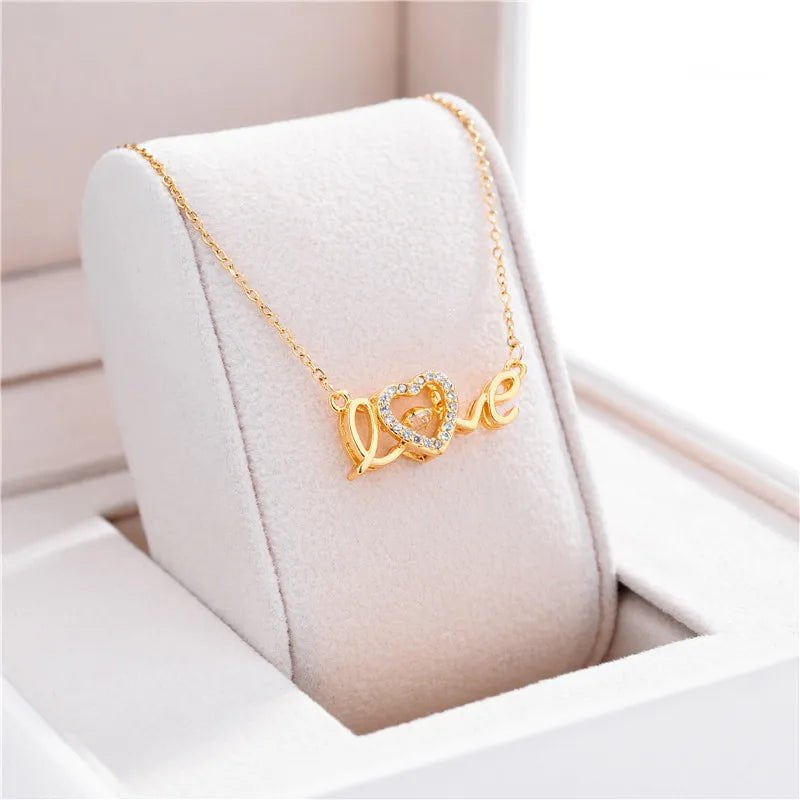 Cute Gold Color Love Letter Crystal Heart Pendant Necklace - Romantic Wedding Party Jewelry for Women 8015 love