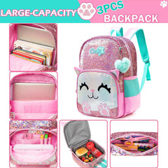 Cute Sequin Backpack Set for Girls - Ideal for School, Kindergarten, with Lunch Box & Pencil Case