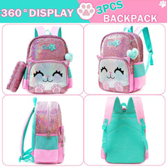 Cute Sequin Backpack Set for Girls - Ideal for School, Kindergarten, with Lunch Box & Pencil Case