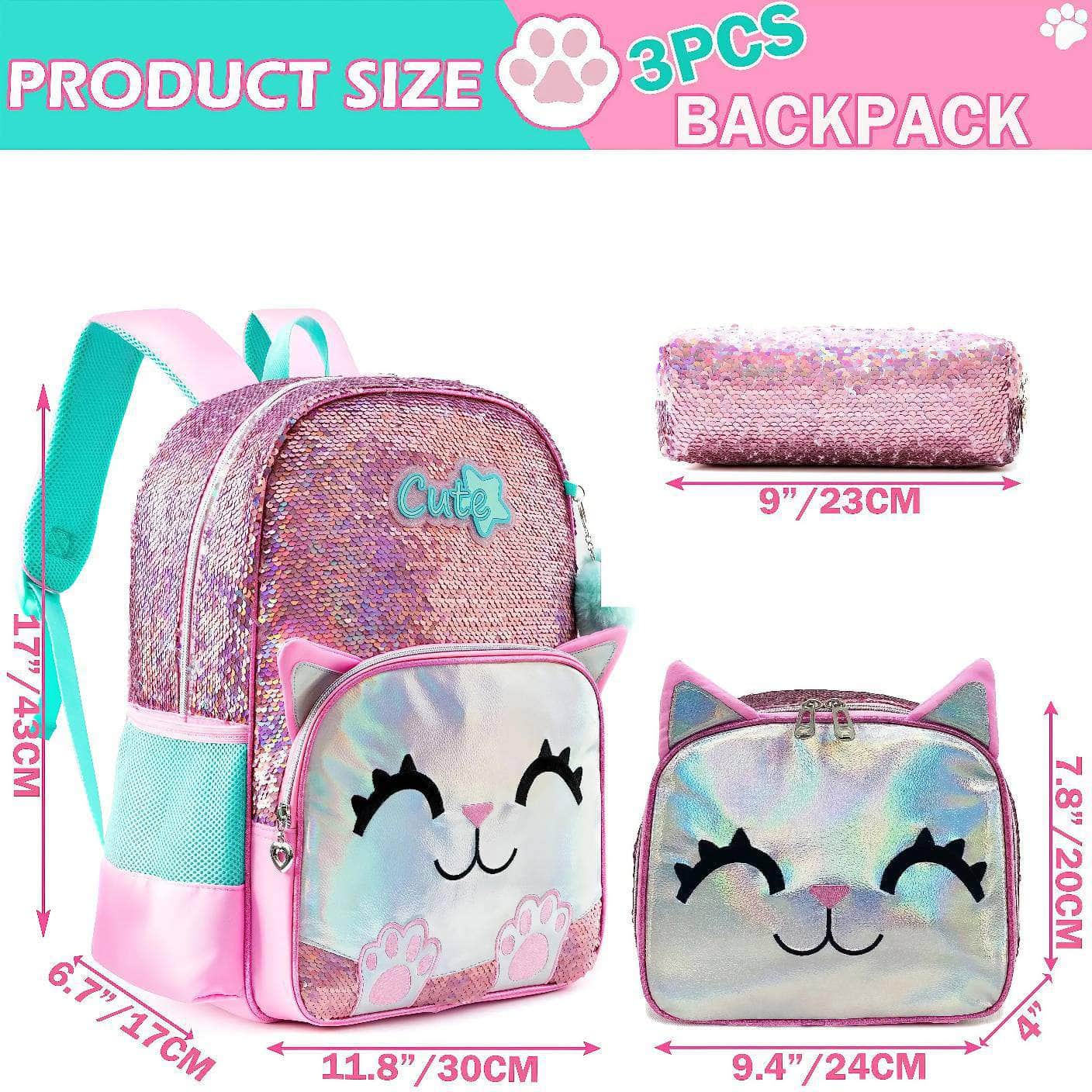 Cute Sequin Backpack Set for Girls - Ideal for School, Kindergarten, with Lunch Box & Pencil Case