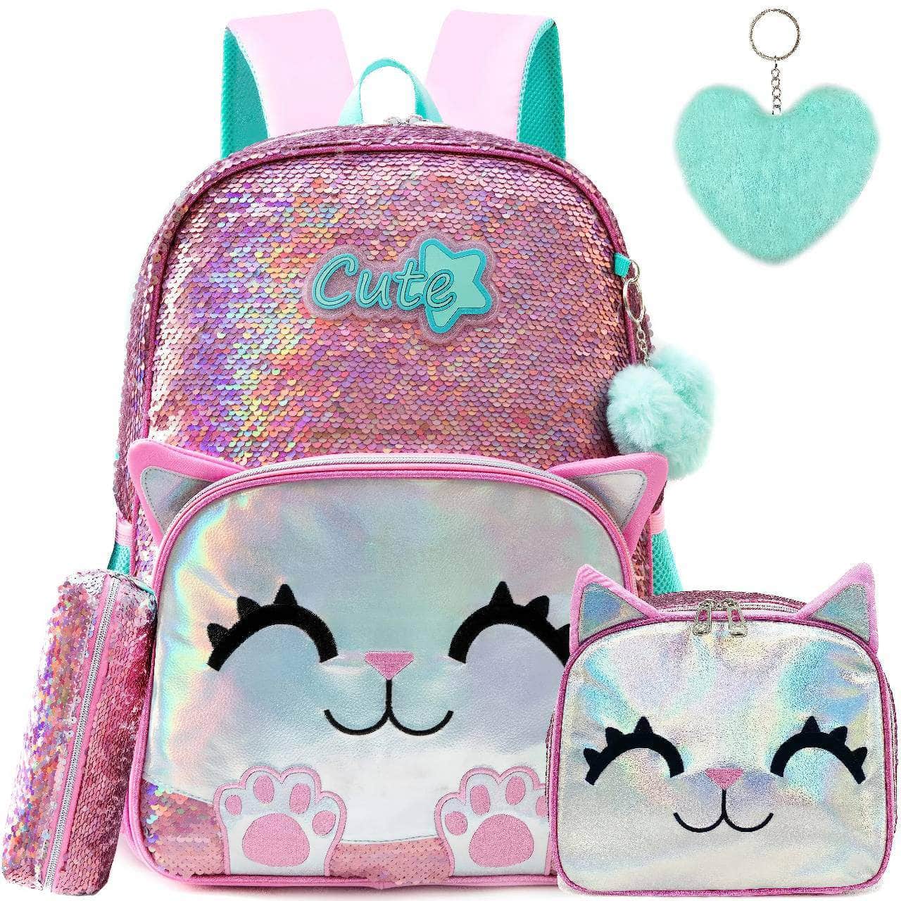 Cute Sequin Backpack Set for Girls - Ideal for School, Kindergarten, with Lunch Box & Pencil Case fensezhupiancat