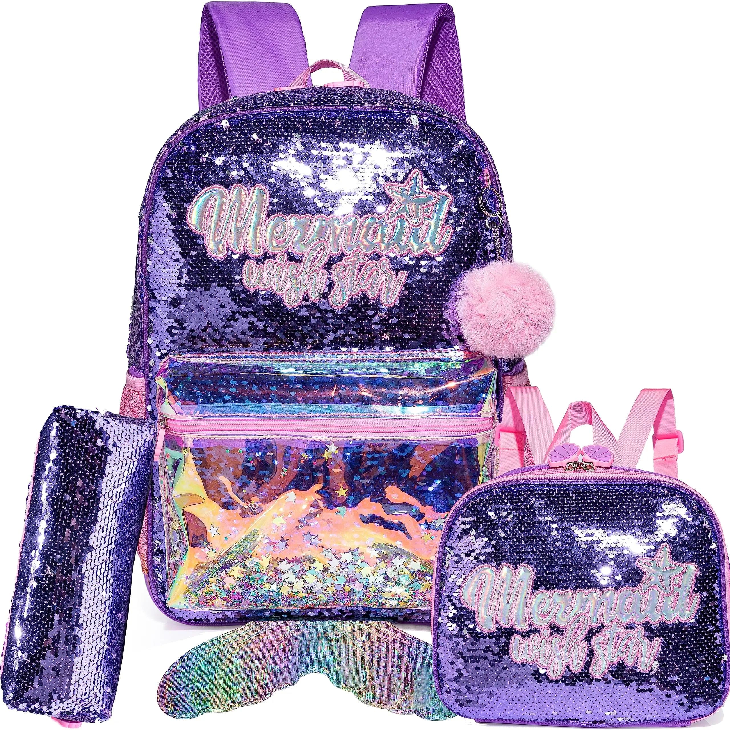 Cute Sequin Backpack Set for Girls - Ideal for School, Kindergarten, with Lunch Box & Pencil Case zhupianlitimermaid