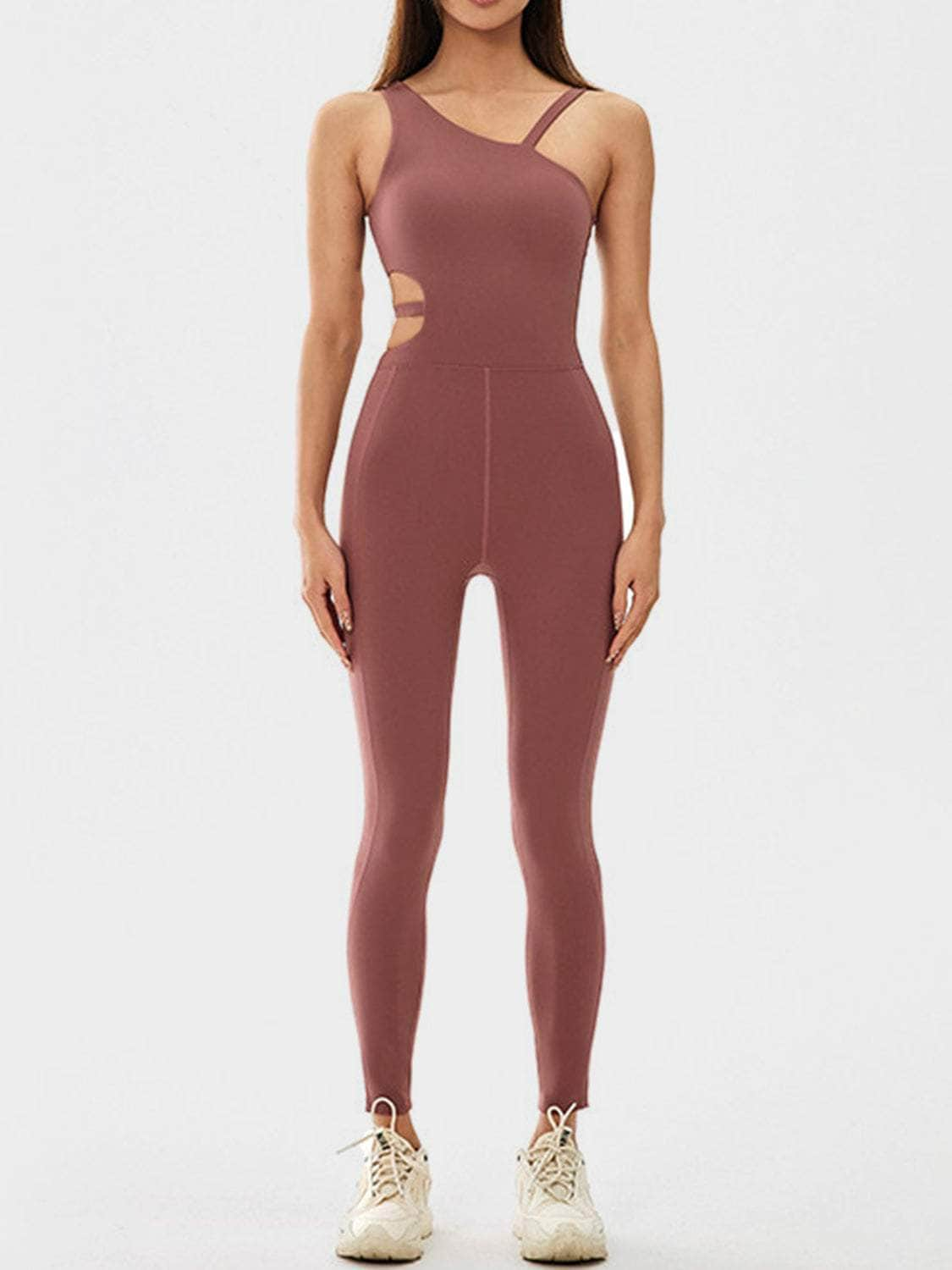 Cutout Asymmetrical Neck Active Jumpsuit Chestnut / S