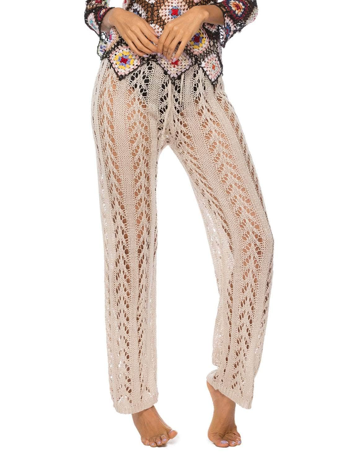 Cutout Drawstring High Waist Swim Pants Tan / S