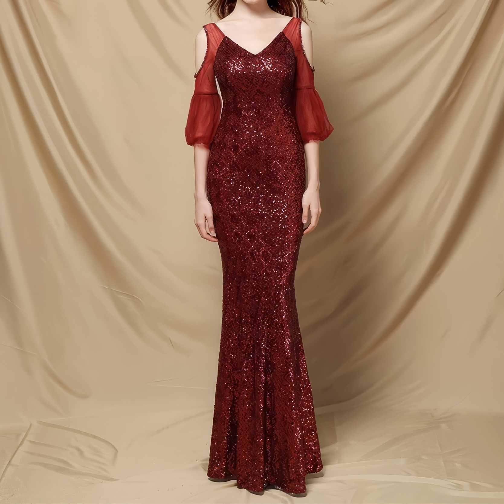 Cutout Lantern Sleeves Sequin Mermaid Dress S / DarkRed