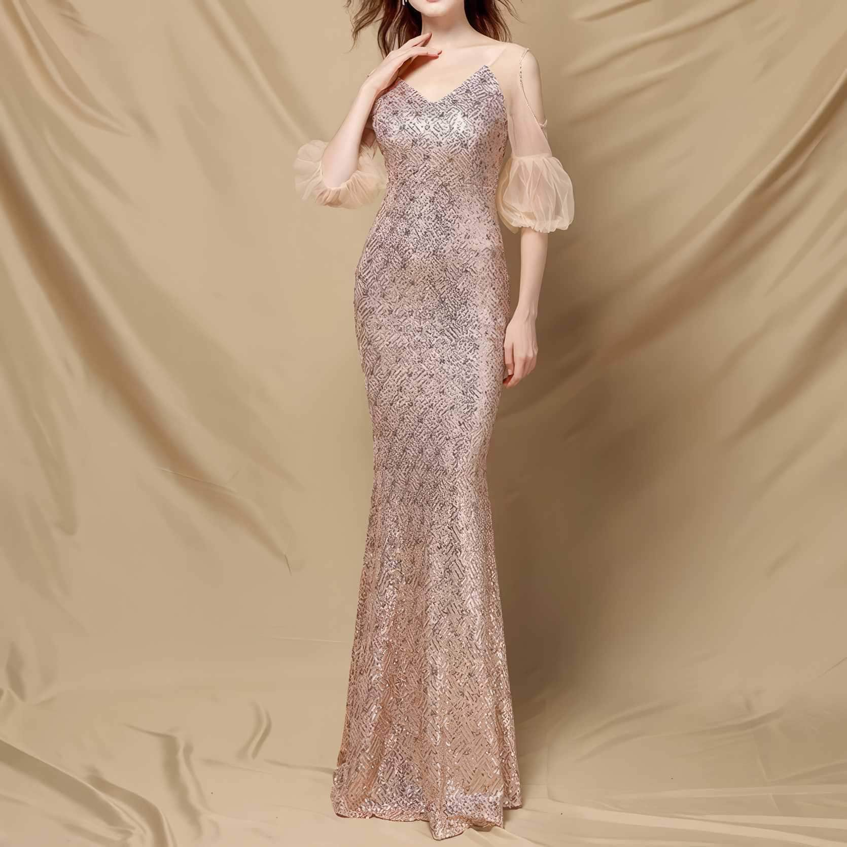 Cutout Lantern Sleeves Sequin Mermaid Dress S / Gold