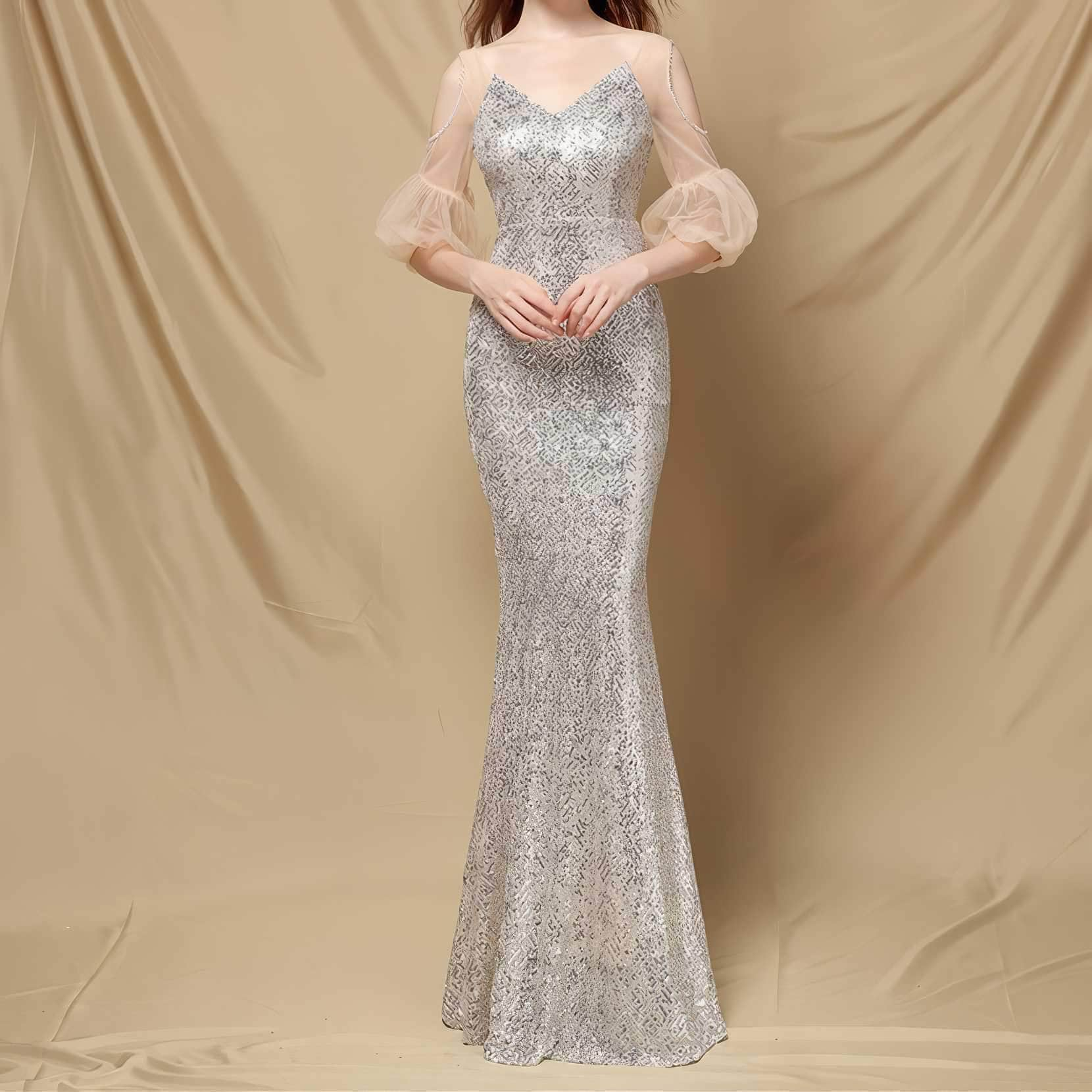 Cutout Lantern Sleeves Sequin Mermaid Dress S / Silver