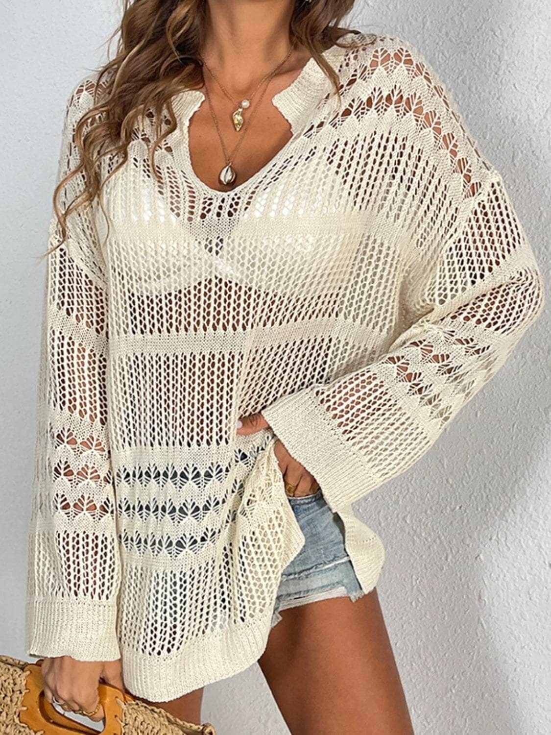 Cutout Notched Long Sleeve Cover-Up Sand / S