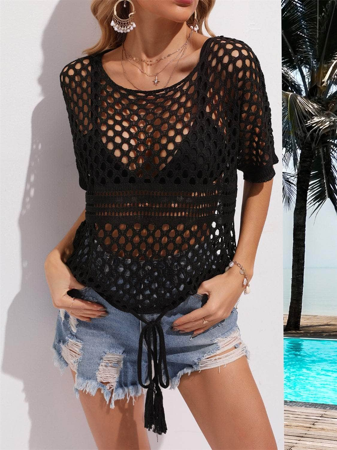 Cutout Round Neck Short Sleeve Cover Up