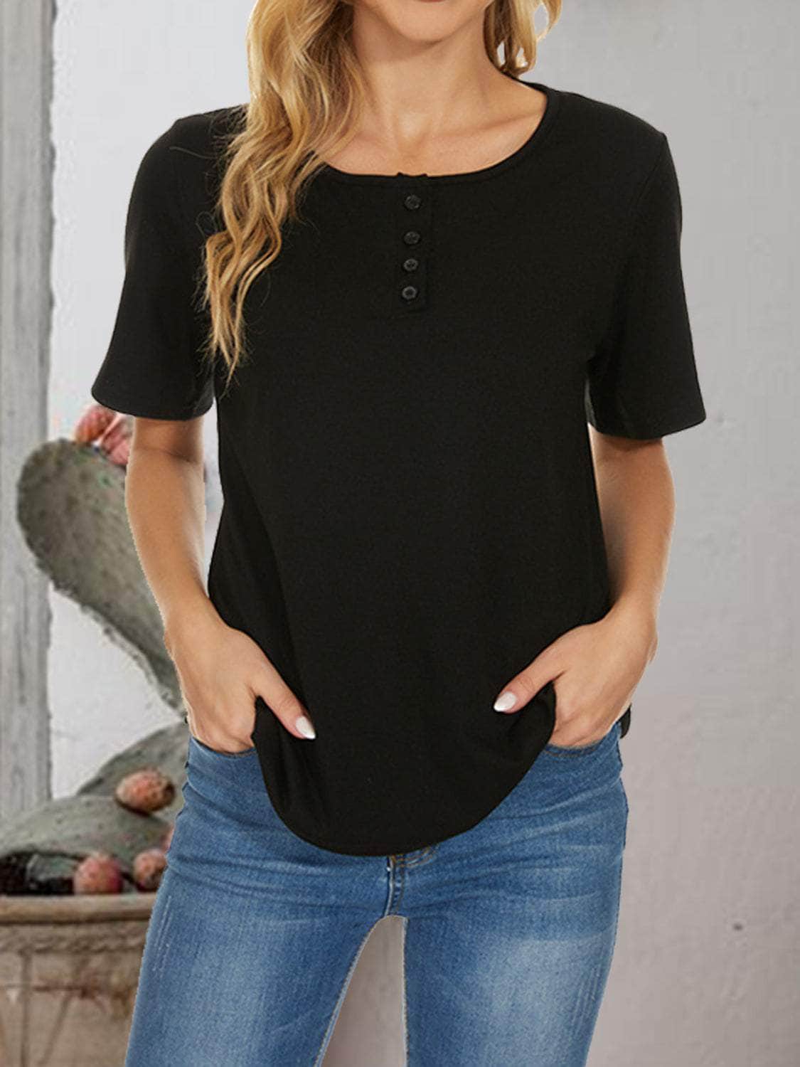 Cutout Round Neck Short Sleeve T-Shirt Black / S