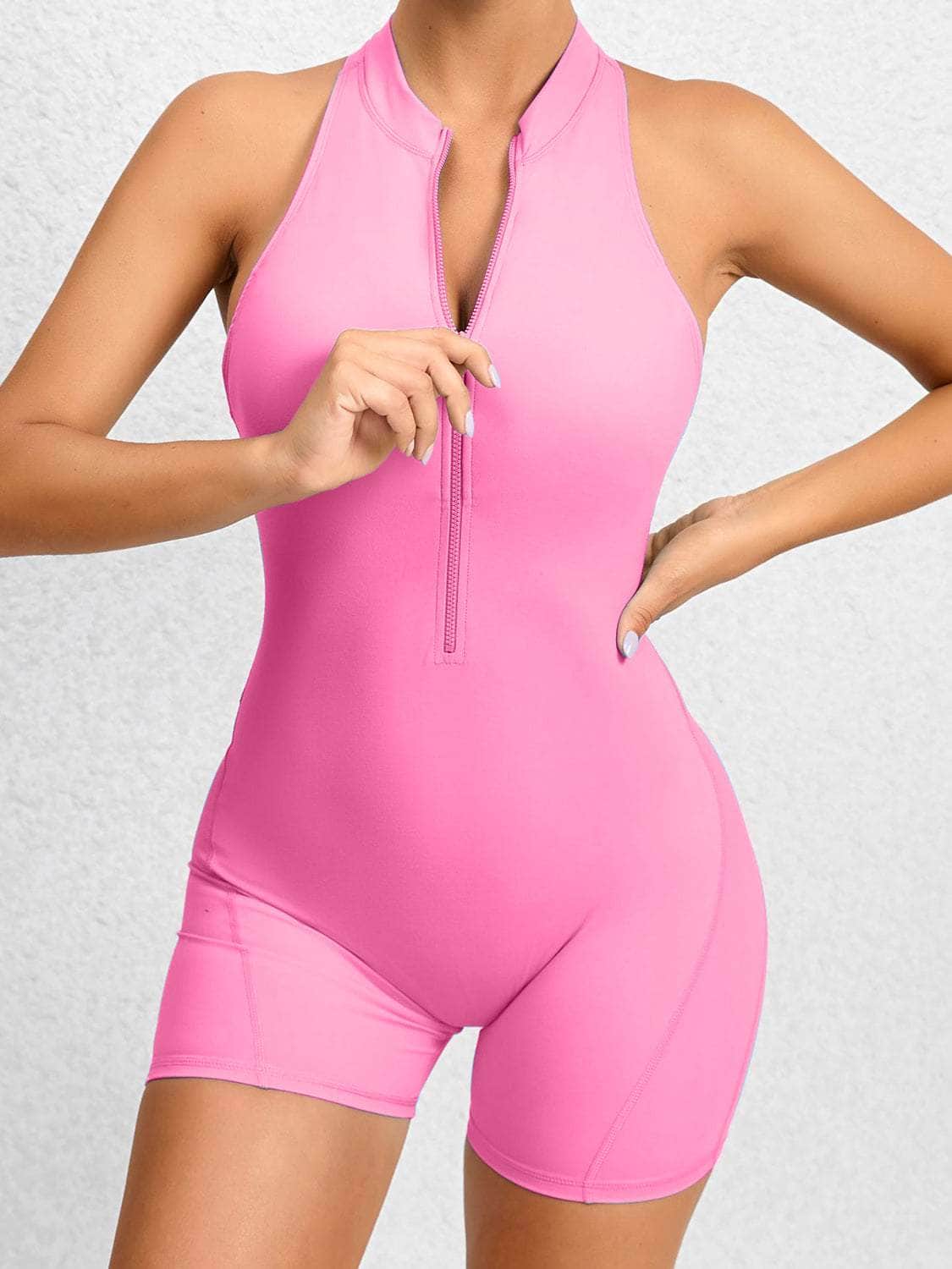 Cutout Ruched Half Zip Active Romper Carnation Pink / S