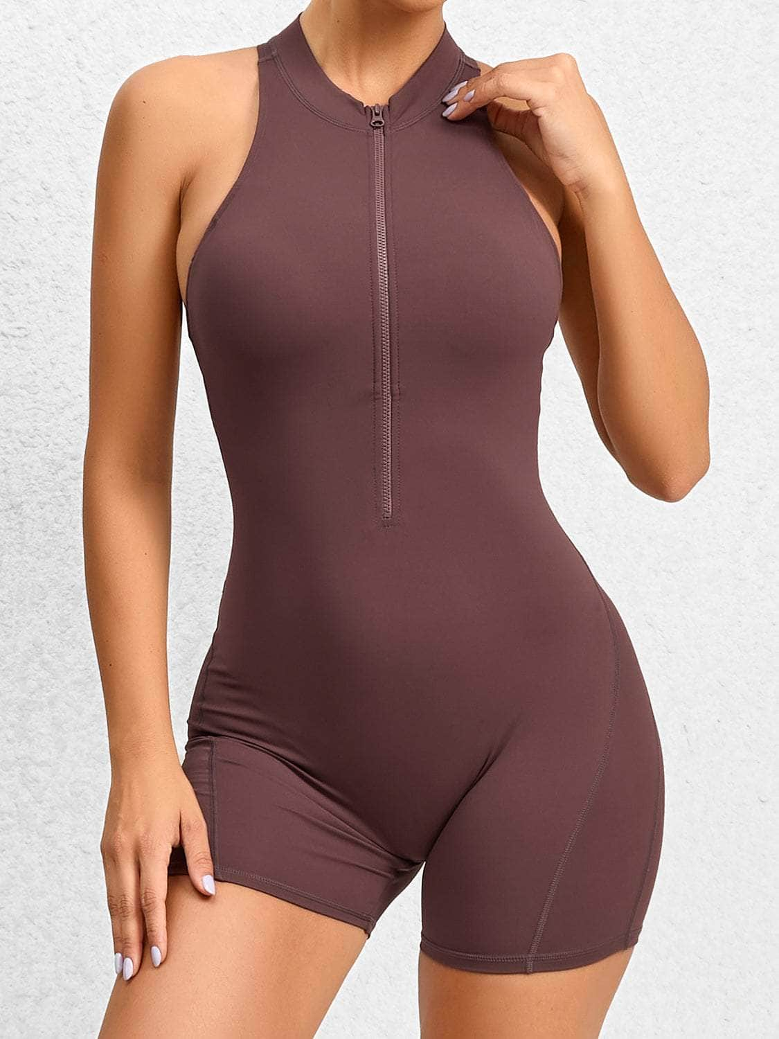 Cutout Ruched Half Zip Active Romper Chestnut / S