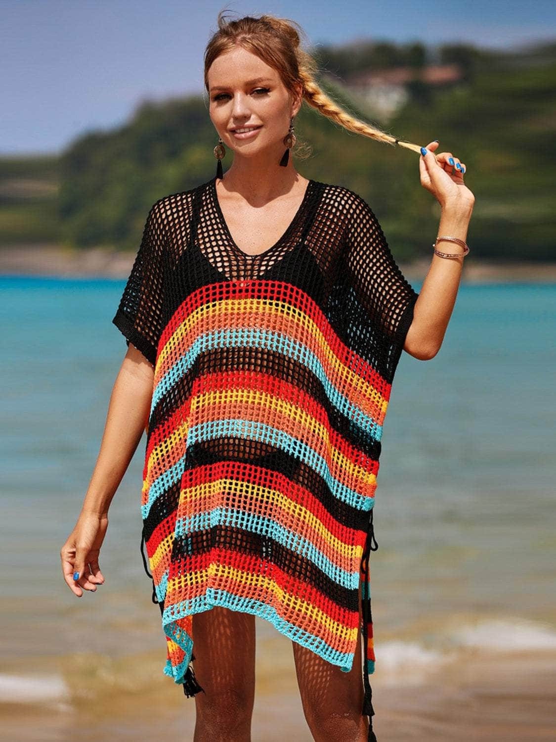 Cutout Striped Cover-Up with Tassel Black / One Size