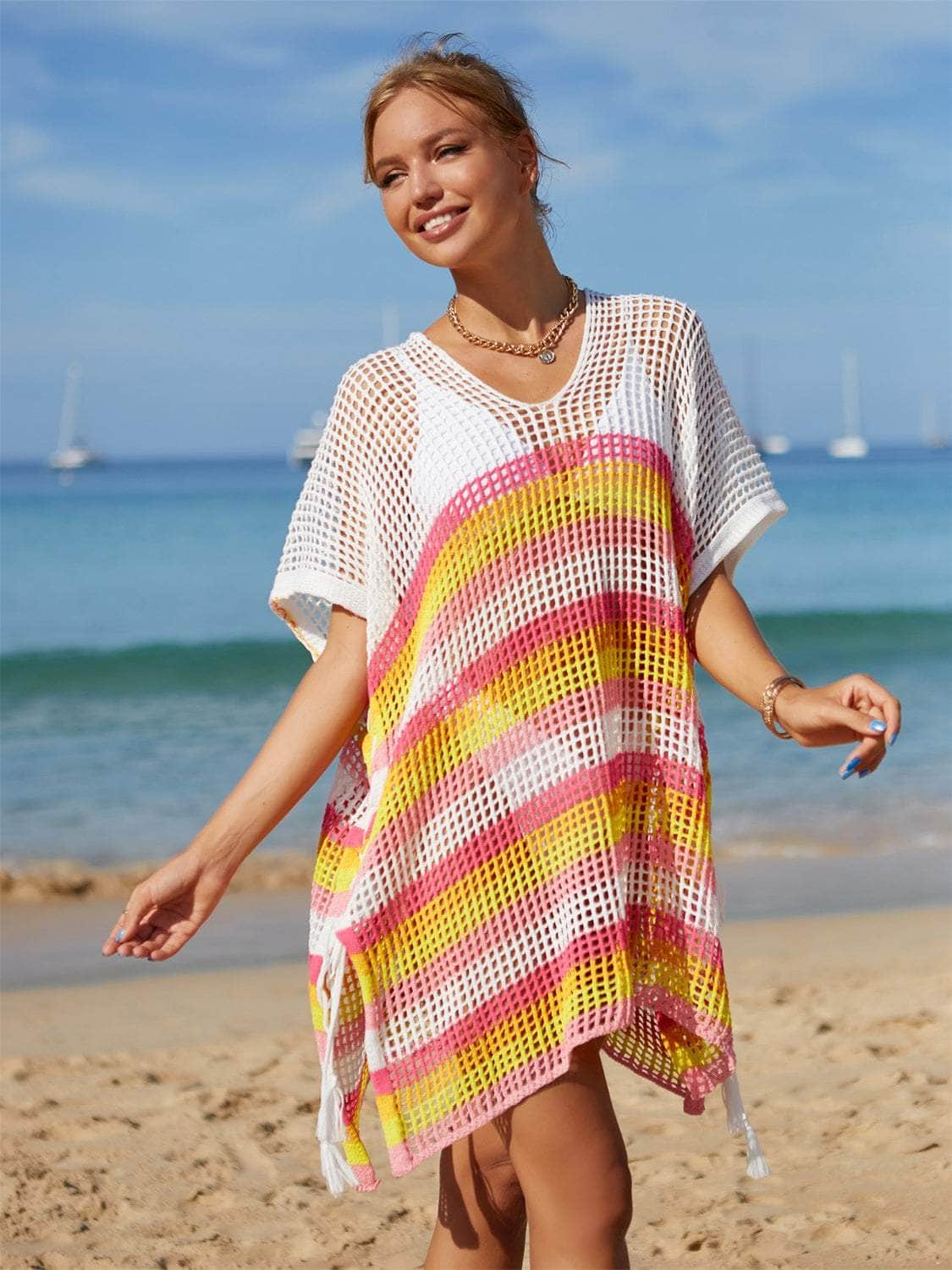 Cutout Striped Cover-Up with Tassel Fuchsia Pink / One Size