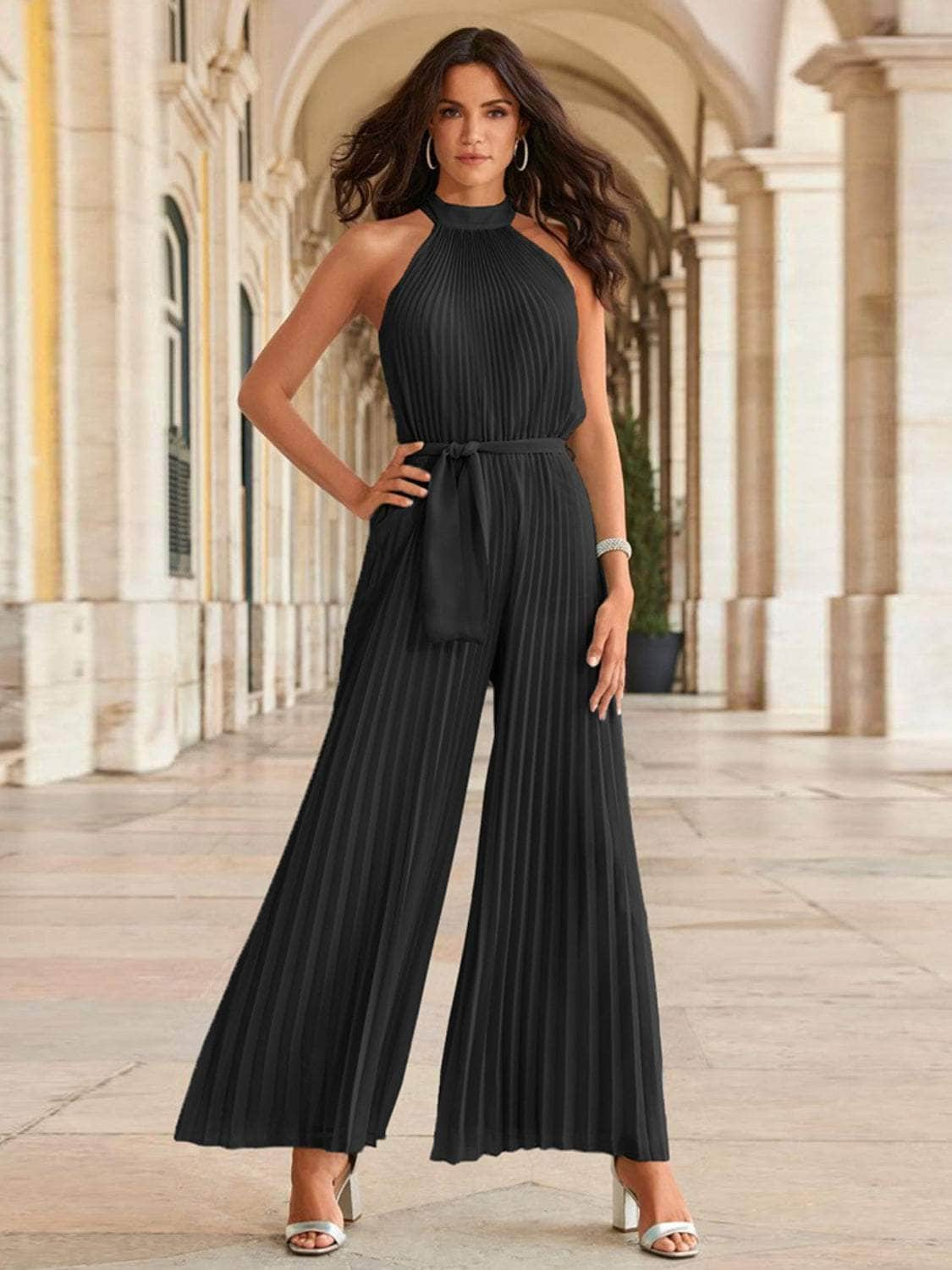 Cutout Tied Pleated Sleeveless Jumpsuit Black / S