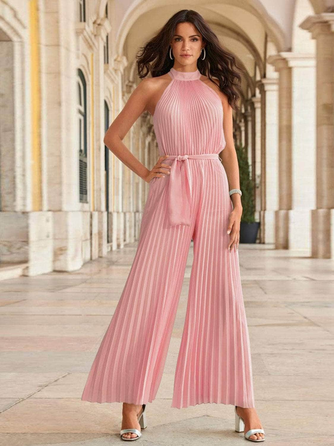 Cutout Tied Pleated Sleeveless Jumpsuit Blush Pink / S