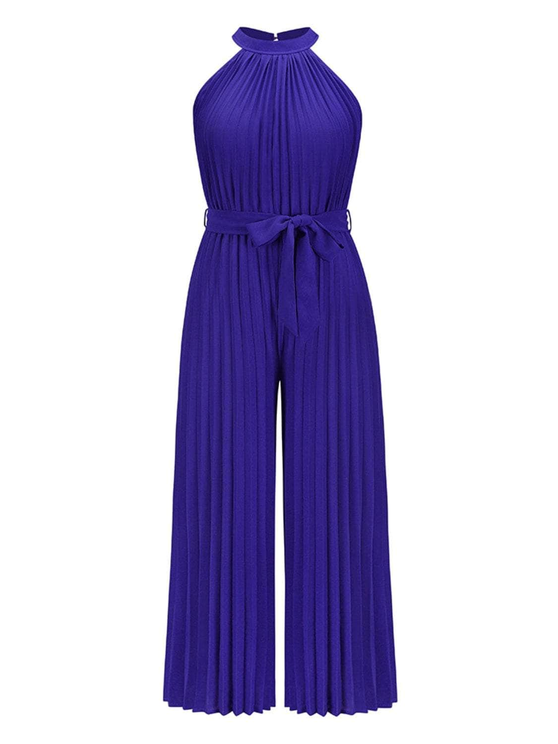 Cutout Tied Pleated Sleeveless Jumpsuit Dark Blue / S