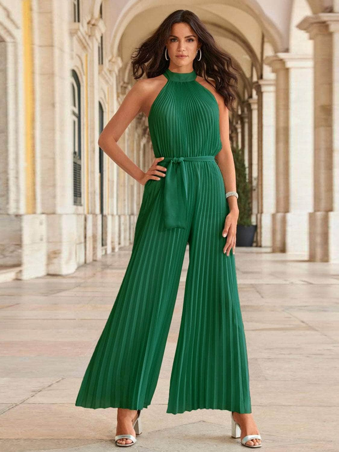 Cutout Tied Pleated Sleeveless Jumpsuit Dark Green / S