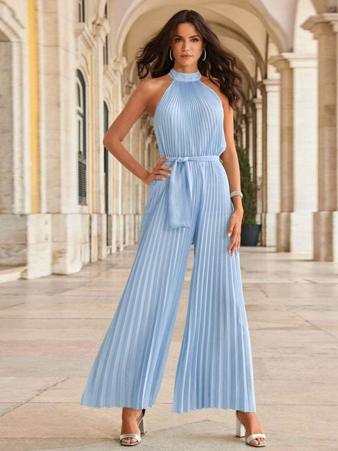 Cutout Tied Pleated Sleeveless Jumpsuit Light Blue / S