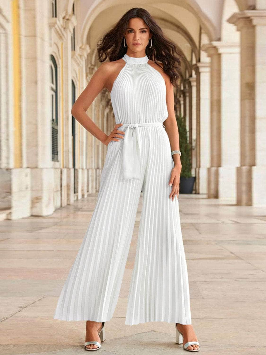 Cutout Tied Pleated Sleeveless Jumpsuit White / S