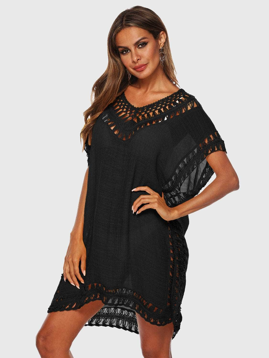 Cutout V-Neck Short Sleeve Cover-Up Black / One Size