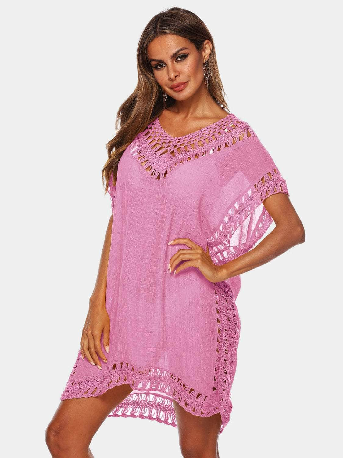 Cutout V-Neck Short Sleeve Cover-Up Carnation Pink / One Size