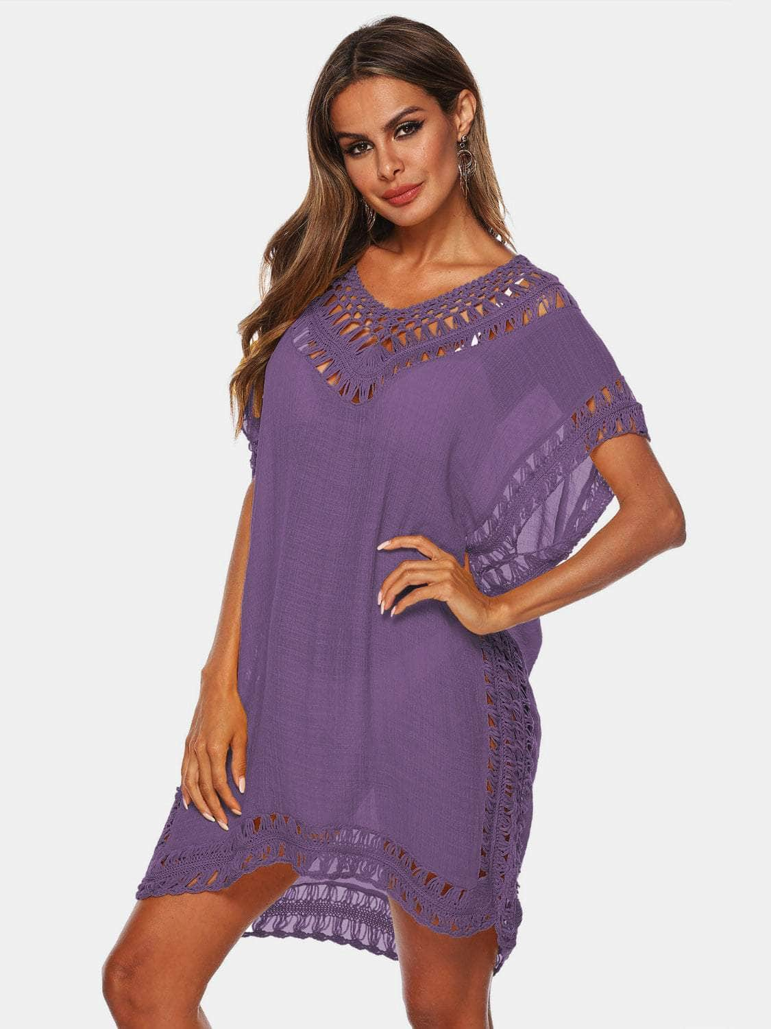 Cutout V-Neck Short Sleeve Cover-Up Dusty Purple / One Size